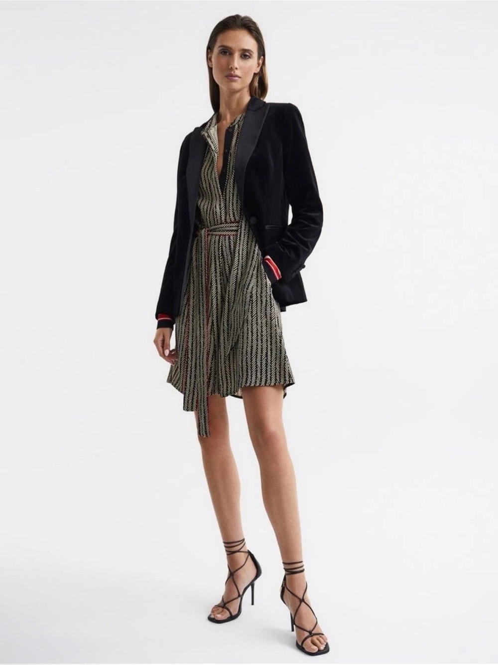 Reiss Robyn Contrasting Stripe Cuff Printed Mini Dress Red Black pussybow - Picture 5 of 8